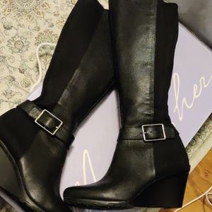 Calvin Klein tall black stretch leather boots 7